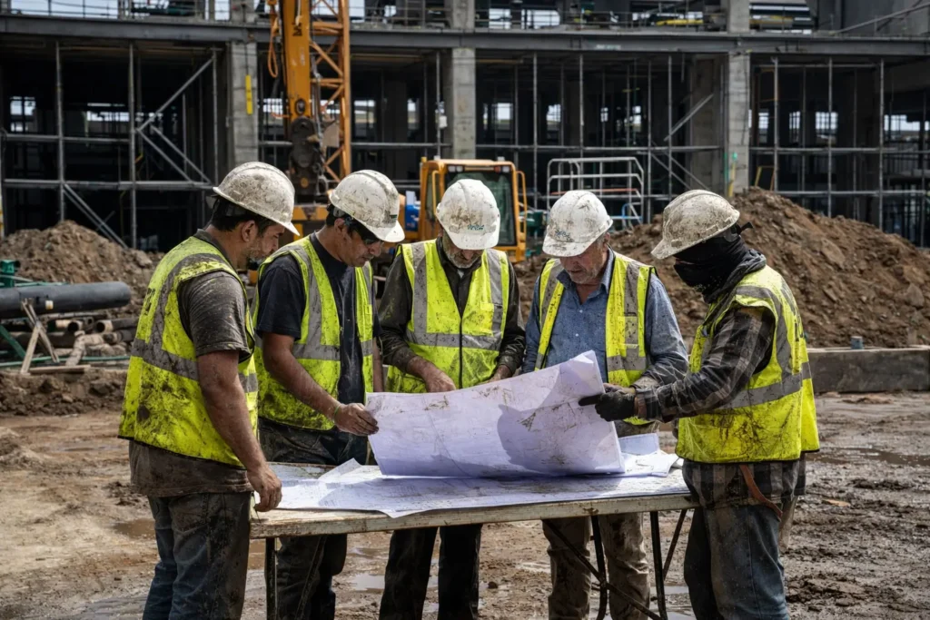 Construction crew reviewing project plans on an underground utility jobsite
