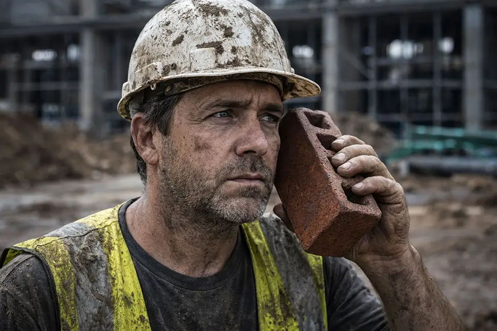 Construction worker on a jobsite holding a brick to his ear like a phone