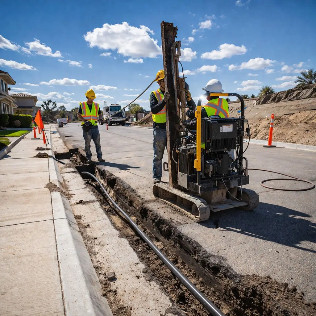 Crew installing underground conduit with trenchless equipment for electricians beneath a roadway