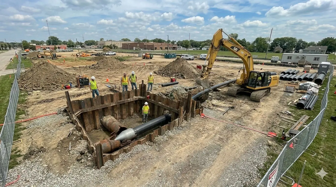 Trenchless utility installation crew working at a large underground construction site