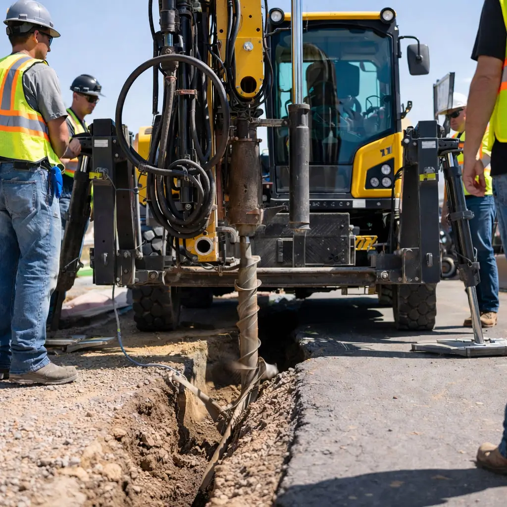 Crew performing trenchless utility installation work for contractors with specialized drilling equipment