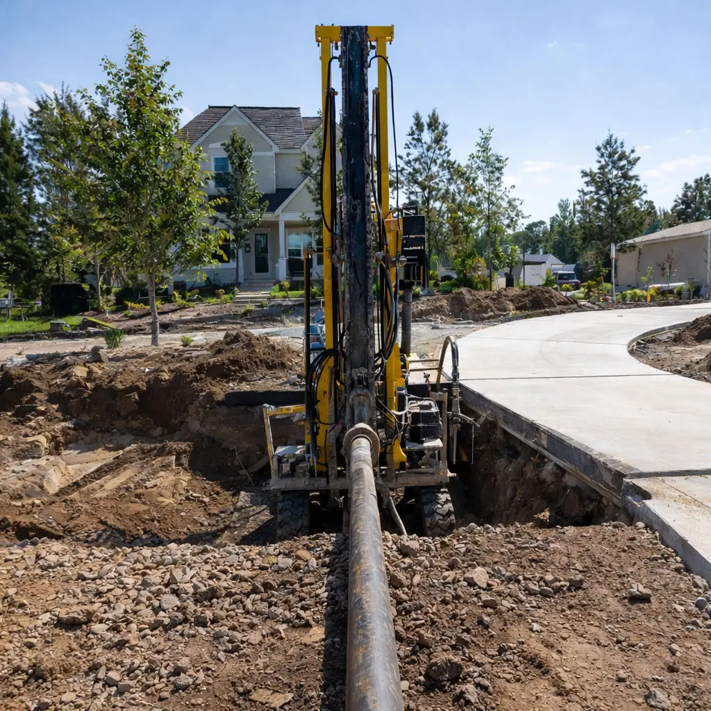 Trenchless underground utility installation near a residential driveway for home construction