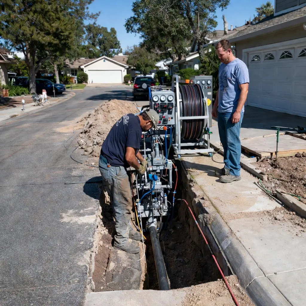 Trenchless waterline replacement crew assisting plumbers with underground pipe installation