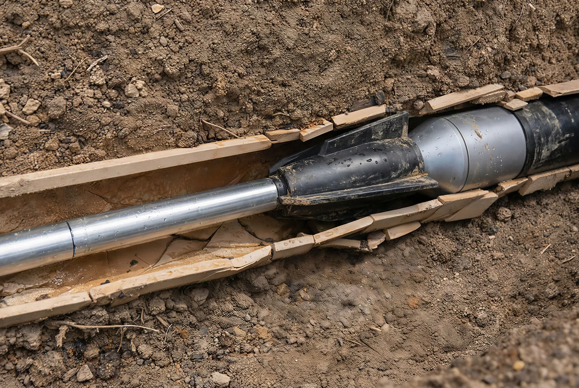 Close-up of underground pipe bursting equipment replacing a buried utility pipe with minimal excavation